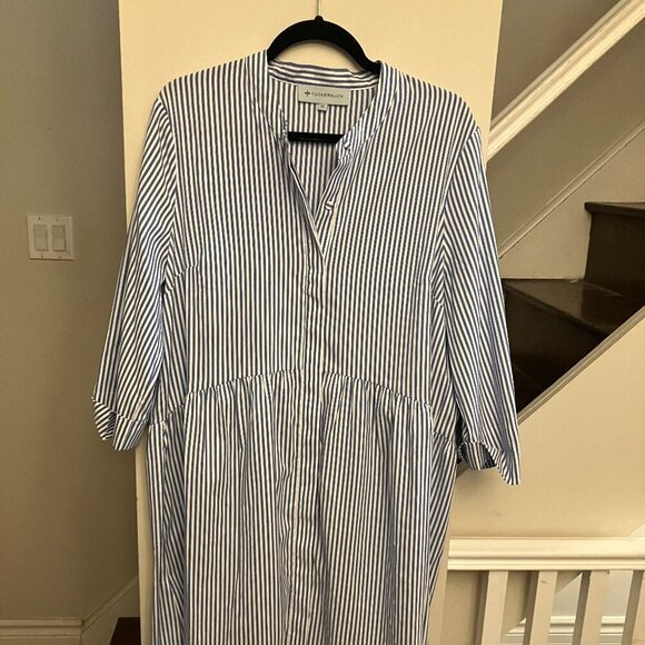 Blue and White Vertical Stripe Dress - Picture 1 of 7